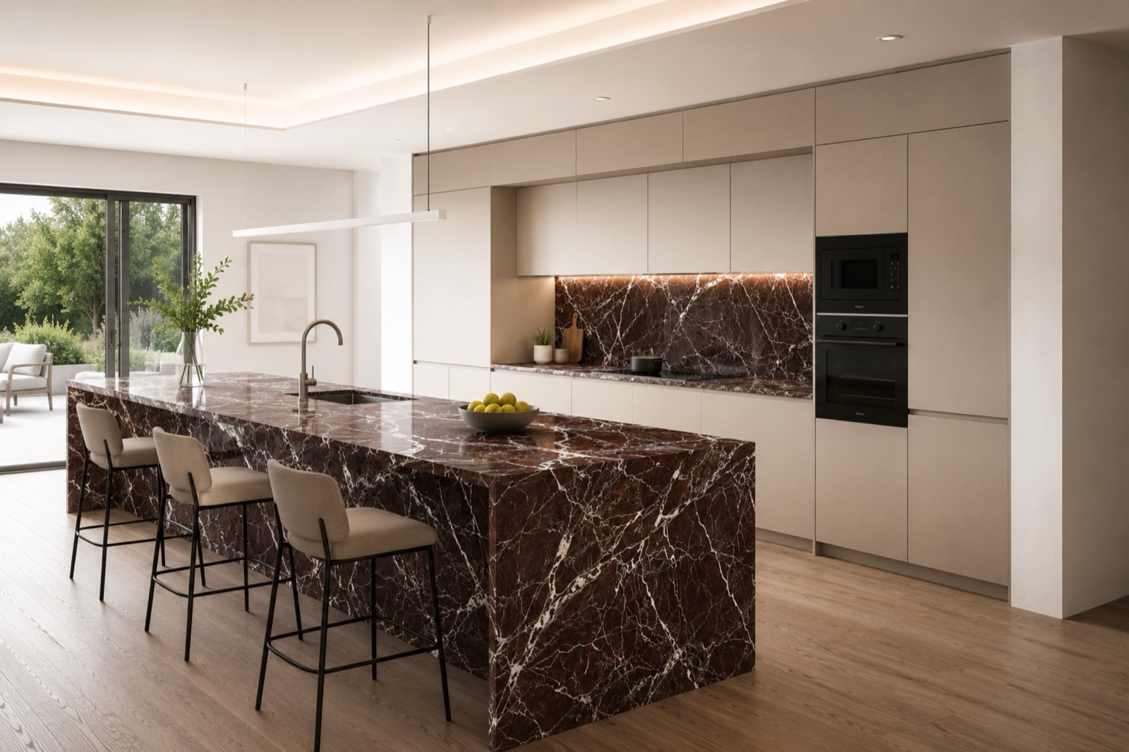 Cucina LA PI — isola monolitica in marmo Rosso Levanto, boiserie cream, parquet rovere