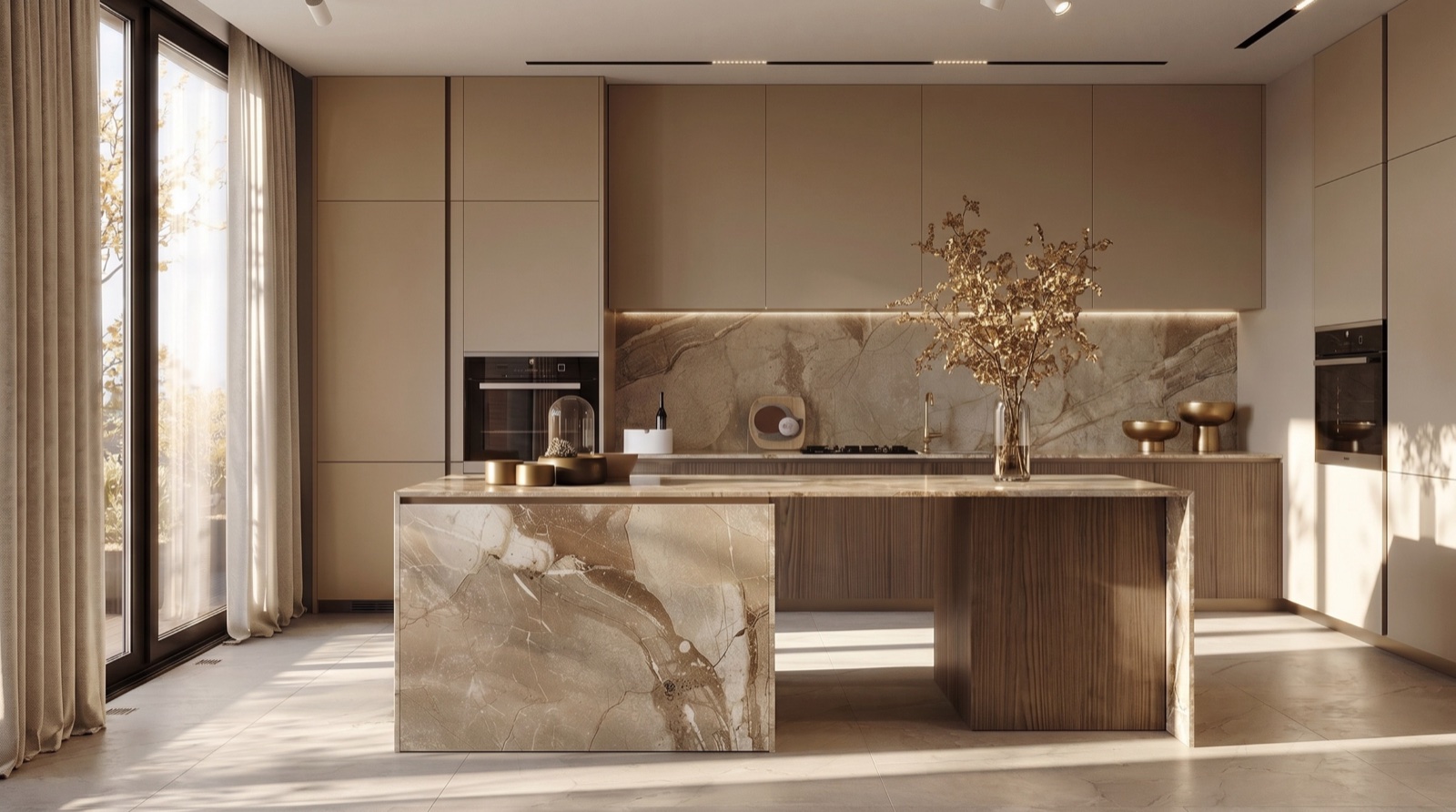 Cucina LA PI — appartamento elegante, isola in travertino e onice, finiture beige e dorature