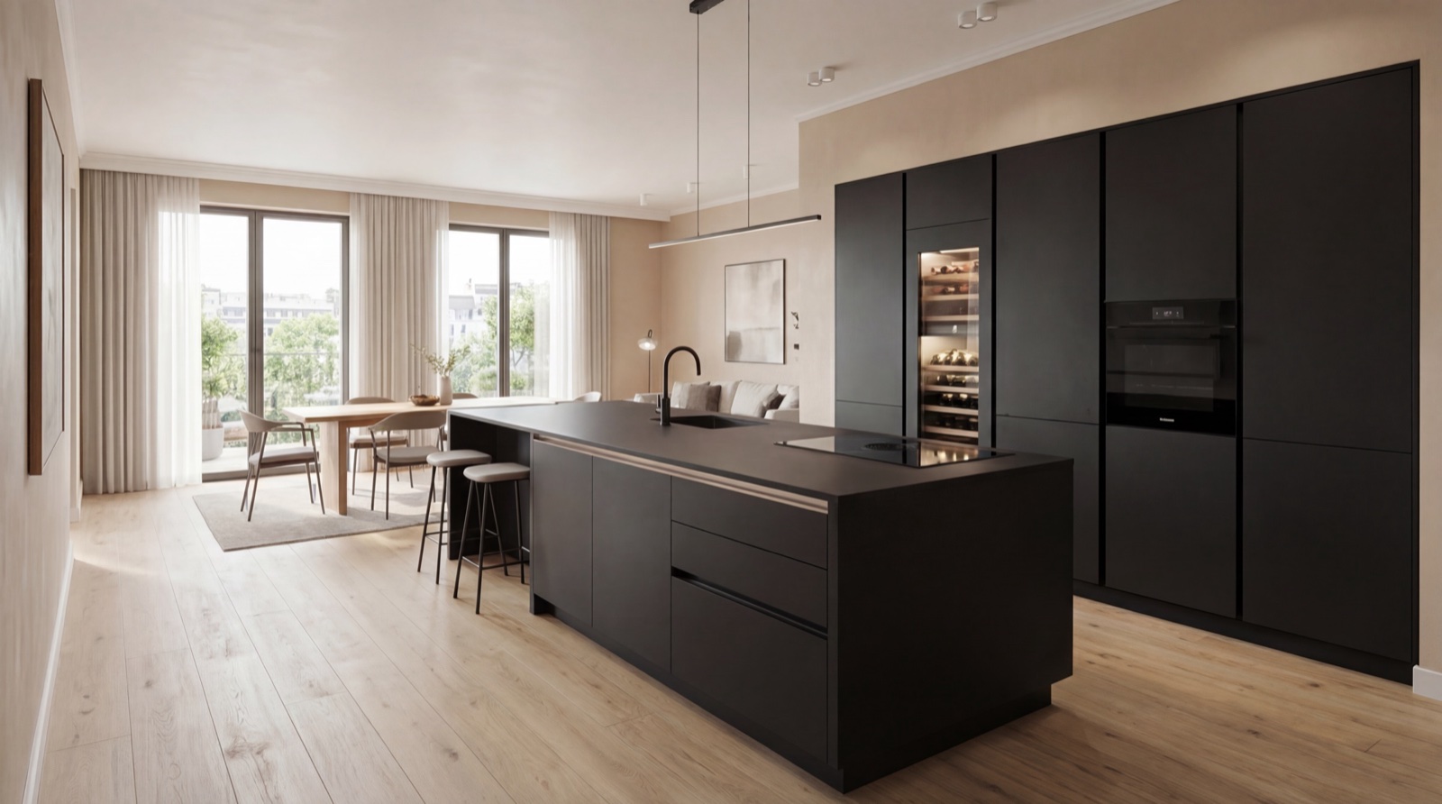 Cucina su misura LA PI — attico Verona, black total con rovere chiaro, isola con cantinetta integrata