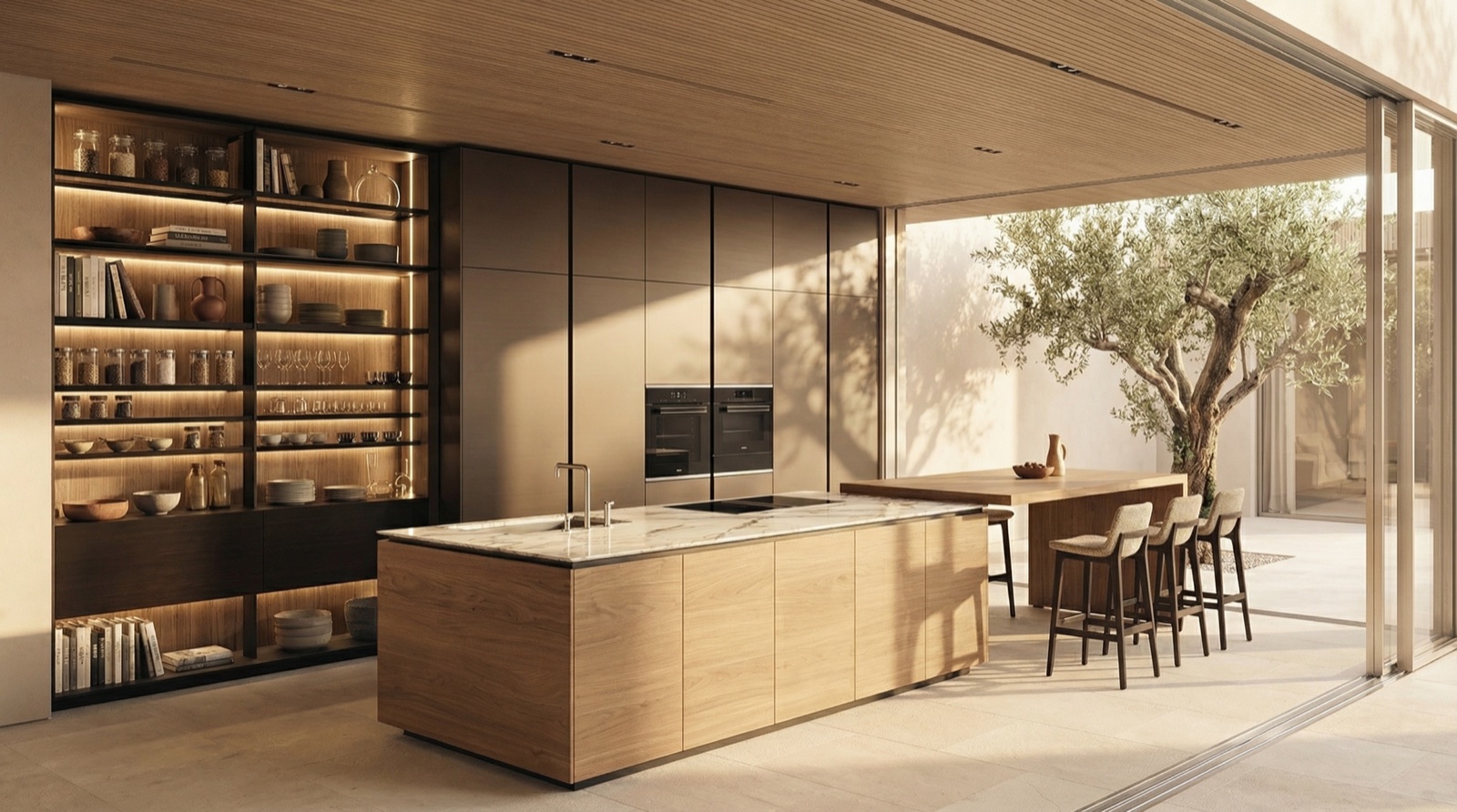 Cucina LA PI — open space con courtyard, isola rovere e marmo, scaffalatura libreria