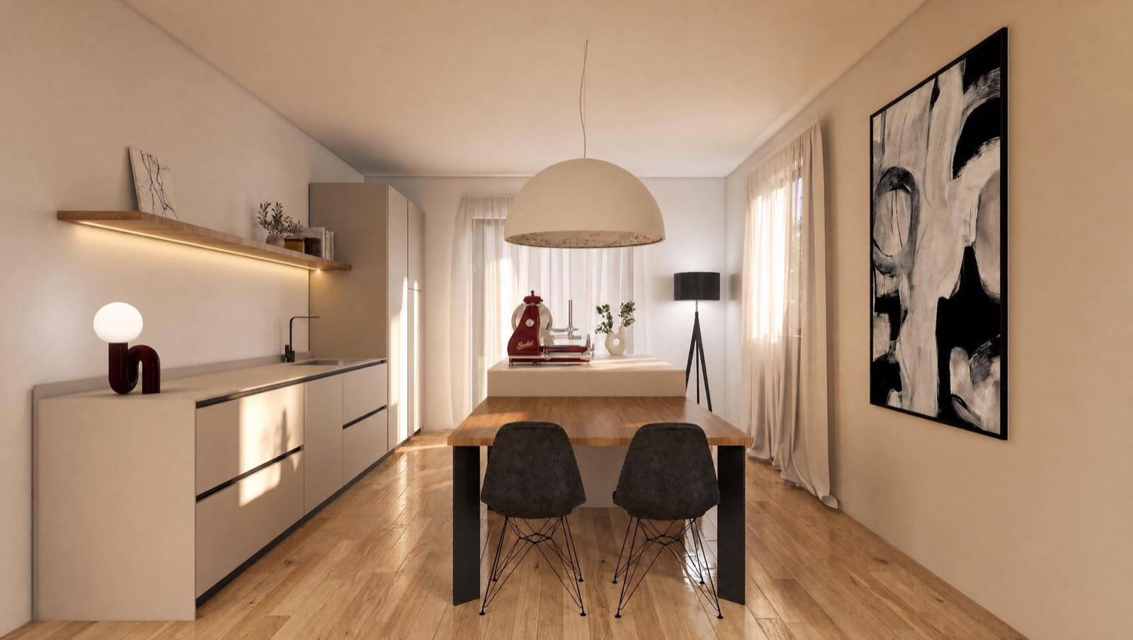 Appartamento Padova centro — cucina su misura LA PI: Cream opaco, parquet rovere, integrazione living