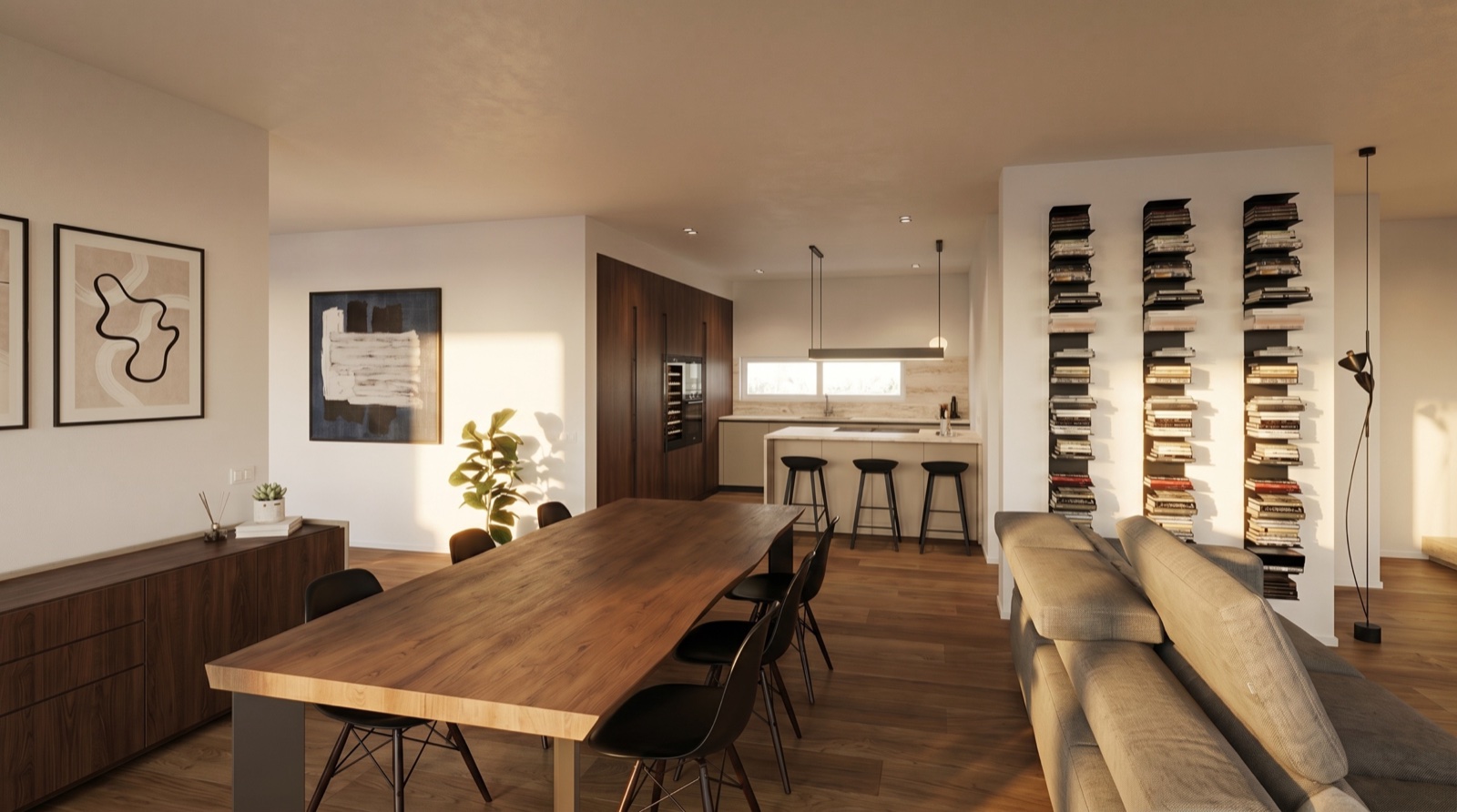 Open space Mestre — cucina su misura LA PI: Rovere scuro, marmo bianco, dining integrato