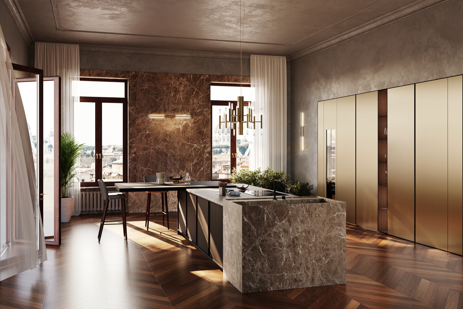Cucina LA PI — appartamento storico Milano, marmo Emperador, ottone brunito e rovere fumé