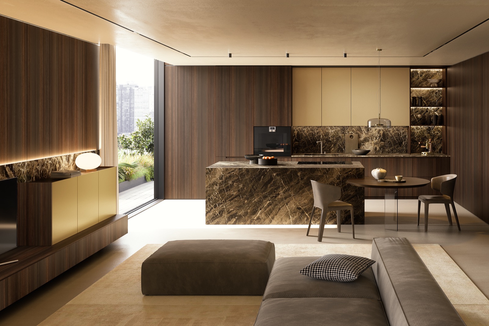 Cucina LA PI — open space living, marmo brown e lacca ottone con boiserie rovere