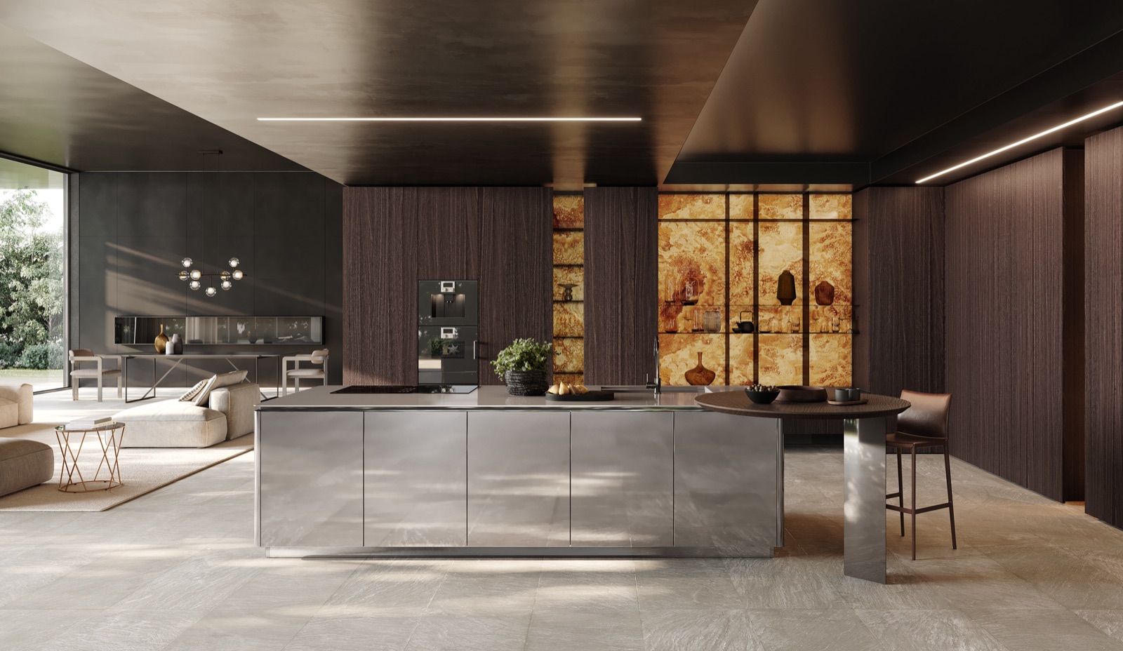 Cucina LA PI — loft contemporaneo, acciaio brunito, lacca dark walnut e onice retroilluminato