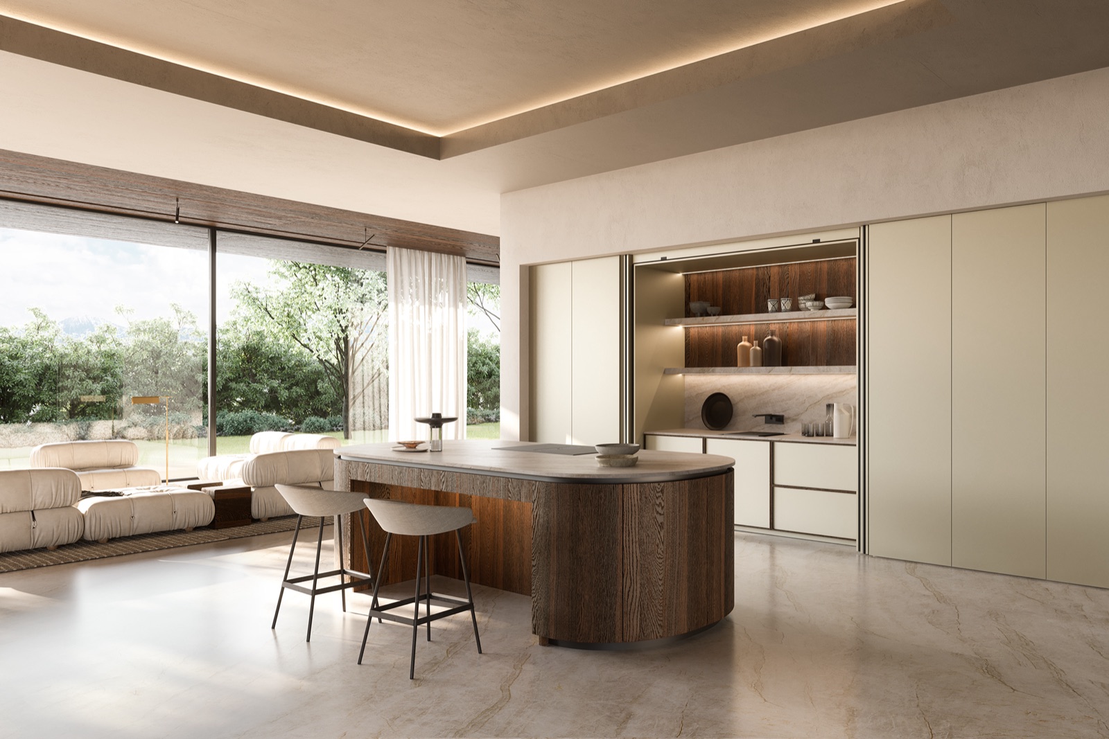 Cucina su misura LA PI — villa di campagna Veneto, isola in rovere curvato e marmo