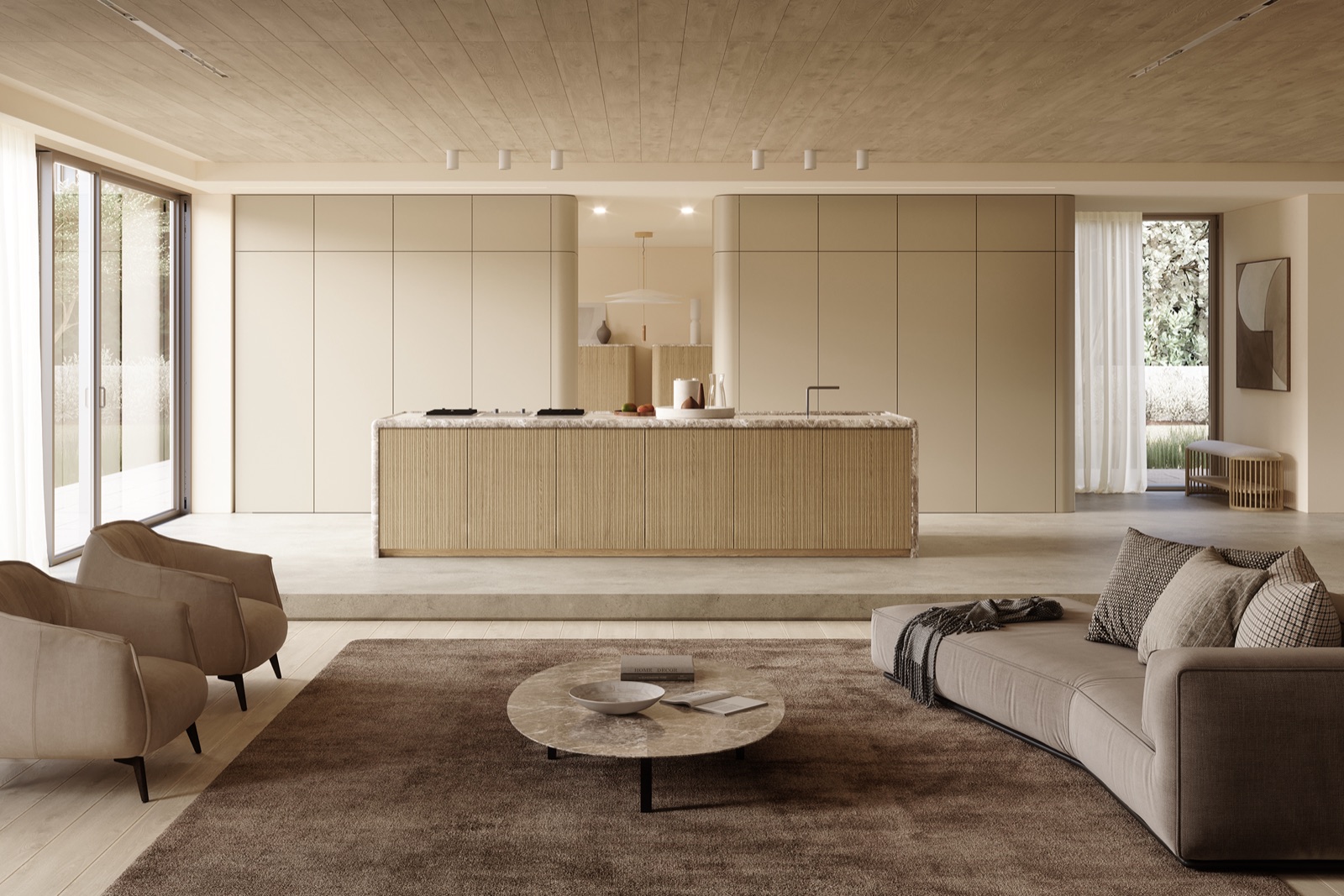 Cucina LA PI — casa mediterranea minimal, rovere rigato verticale e top travertino