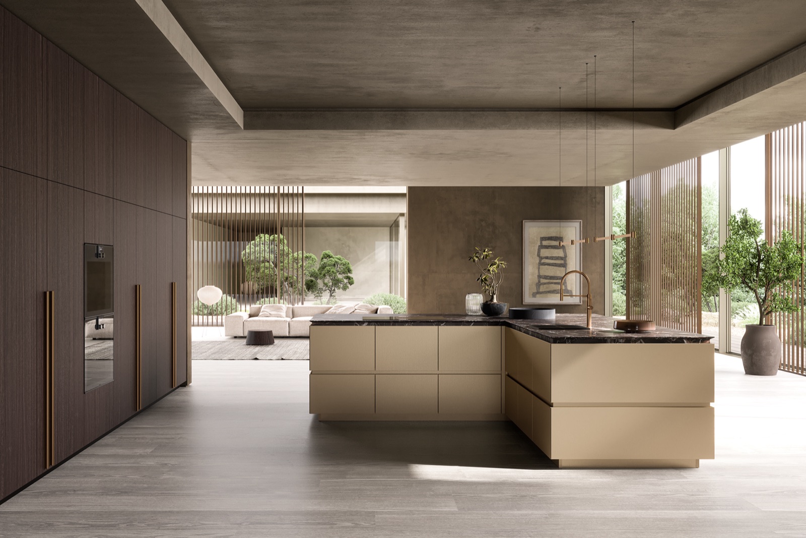 Cucina LA PI — casa con courtyard zen, lacca ottone, marmo nero veined e rovere fumé