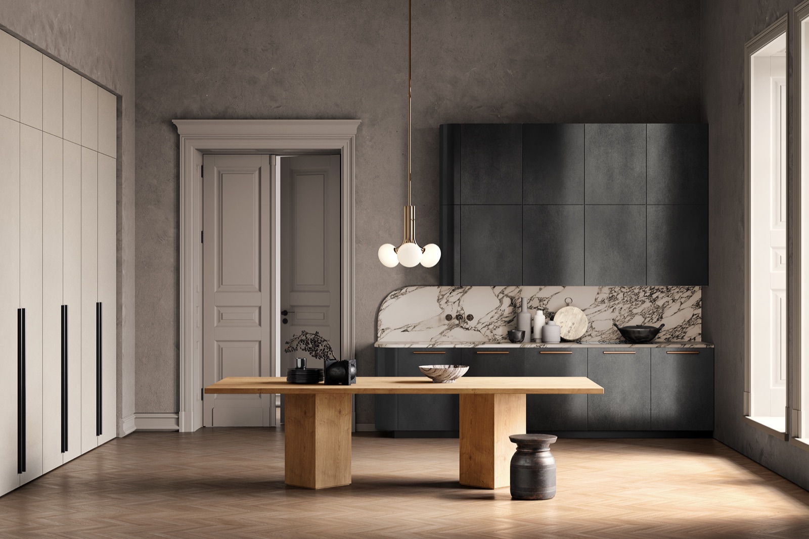 Cucina LA PI — appartamento classico ristrutturato, marmo Calacatta Oro e acciaio inox