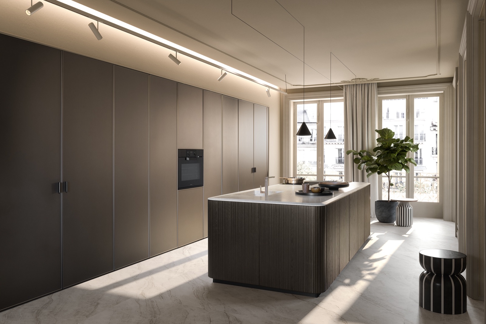 Cucina LA PI — appartamento urbano, isola in rovere rigato e top in marmo bianco venato