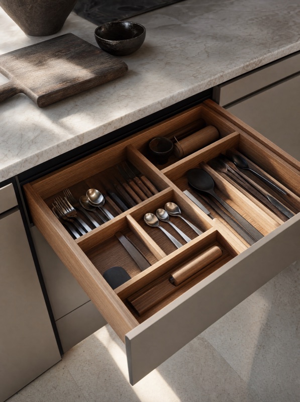 Cassetto attrezzato con divisori in rovere — dettaglio cucina LA PI