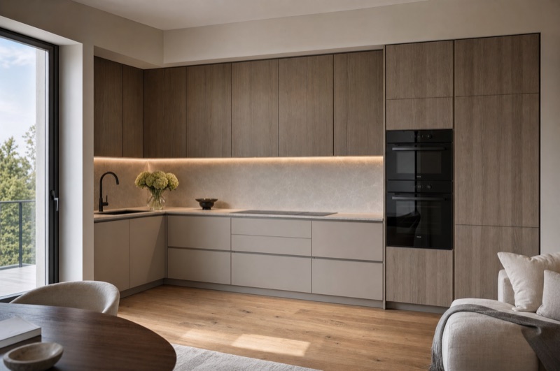 Cucina ad angolo in legno venato con vetrina retroilluminata — LA PI Cucine